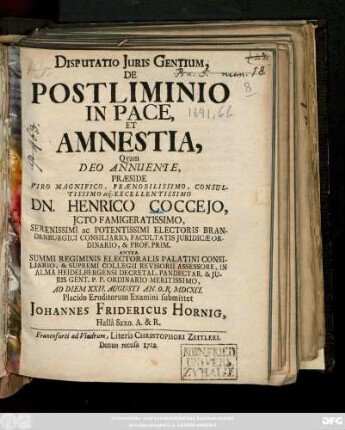 Disputatio Juris Gentium, De Postliminio In Pace, Et Amnestia