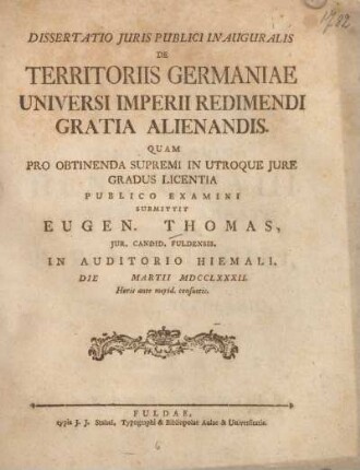 Dissertatio juris publici inauguralis de territoriis Germaniae universi imperii redimendi gratia alienandes