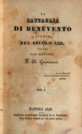 La battaglia di Benevento : storia del secolo XIII. T. 1 (1828)