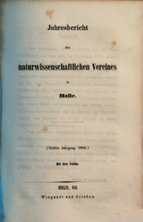 Jahresbericht des Naturwissenschaftlichen Vereines in Halle. 3. 1850