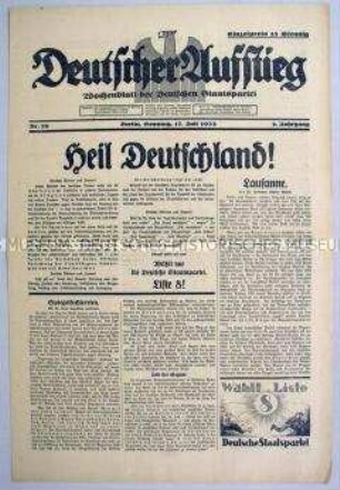 Wochenblatt der Deutschen Staatspartei "Deutscher Aufstieg" zur Reichstagswahl im Juli 1932