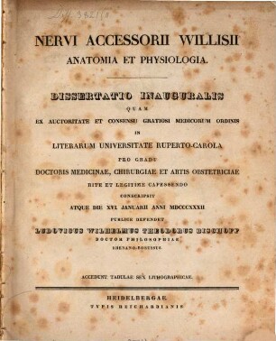 Nervi accessorii Willisii anatomia et physiologia : Diss. inaug. ; cum VI. tab. lith.