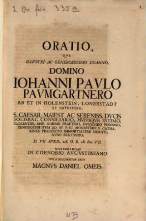 Oratio qua Johanni Paulo Paumgartnero ... fecit