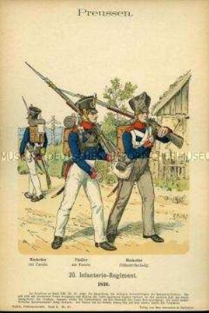 Uniformdarstellung, Musketiere und Füsilier des Infanterie-Regiments Nr. 20, Königreich Preußen, 1836.
