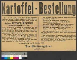 Bekanntmachung des Stadtmagistrats Braunschweig zur Bestellung und Abholung von Kartoffeln
