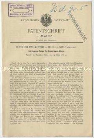 Patentschrift einer schwingenden Pumpe für Wasserdruck-Winden, Patent-Nr. 42116