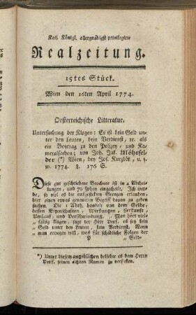 15tes Stück. Wien den 16ten April 1774.