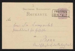 Postkarte an Dr. [Karl] Lamprecht in Bonn, Arndtstraße 11, oder Weberstraße 106