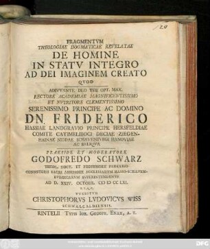 Fragmentvm Theologiae Dogmaticae Revelatae De Homine In Statv Integro Ad Dei Imaginem Creato
