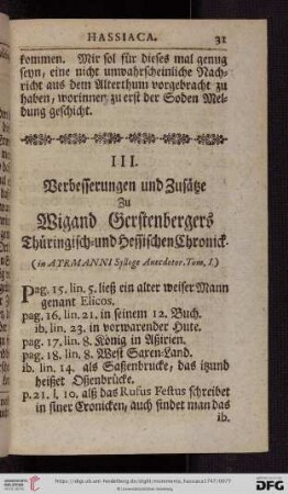 III. Verbesserungen und Zusaetze Zu Wigand Gerstenbergers Thueringisch= und Hessischen Chronick
