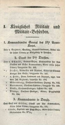 I. Königliches Militair und Militair-Behörden