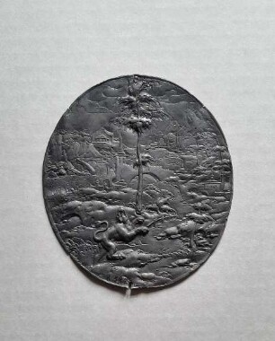 Ovale Plakette mit einem Löwen in Landschaft