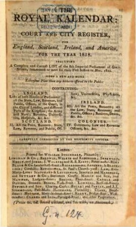 The Royal kalendar and court and city register for England, Scotland, Ireland and the colonies : for the year .... 1818