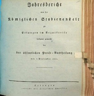 Jahresbericht über die Königliche Studienanstalt zu Erlangen : für das Studienjahr .... 1820/21