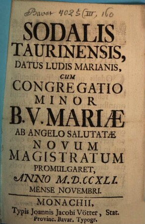 Sodalis Taurinensis, datus ludis Marianis ... : [Periocha]