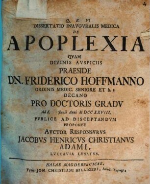 Dissertatio Inavgvralis Medica De Apoplexia