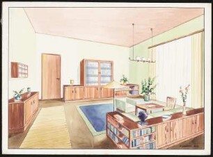 Arbeitszimmer. Ein Schrankemsemble bestehend aus vier niedrigen zweitürigen Elementen, einem Vitrinenschrank, zweitürig, unten Holztüren, darüber Aufsatz mit Glastüren, zwei Bücherregale, davon eins mit Eckelementen (dreietagig), eins zweietagig, Hängeregal mit neun Fächern (3 x 3), Tisch, Stuhl, Sessel