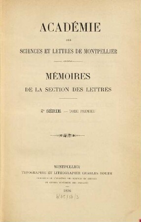 Mémoires de la Section des Lettres. 1. 1896