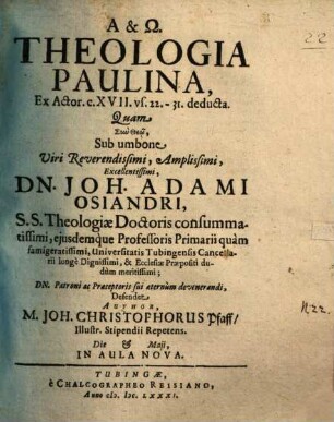 Theologia Paulina ex Actor. 17, 22 - 31. deducta