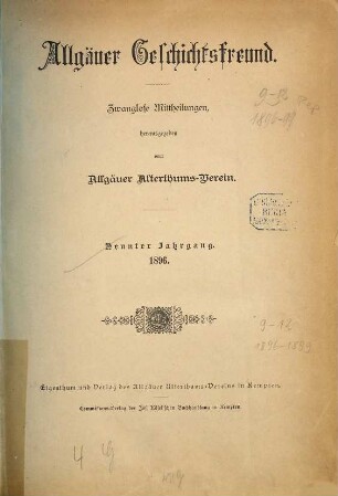 Allgäuer Geschichtsfreund : Zeitschrift für historische Forschung und Heimatpflege. 9. 1896