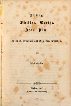 Lessing : Schiller. Goethe. Jean Paul. 4 Denkreden auf deutsche Dichter