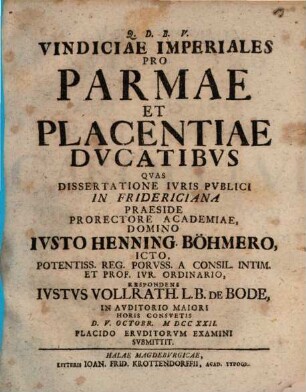 Vindiciae Imperiales Pro Parmae Et Placentiae Dvcatibvs