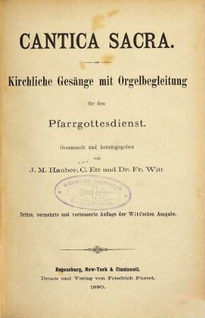 Cantica sacra : kirchliche Gesänge mit Orgelbegleitung für den Pfarrgottesdienst