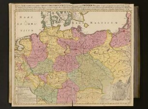 Regni Borussiae Et Electoratus Brandenburgici, ceterarumque, Quae Fridirici, Reg. Bor. sceptro reguntur, nec non finitimarum Prov. Delineatio, ad Stationes Publicorum Cursuum et veredariorum, quae ultra cc mill. Germ. in longitudinem patent cognoscendas accommodata : quasque Vtilitati Publicae instituas. Ejusdem Regis Aug. Auspiciis, hereditario Jure. moderatur et regit Vir Ill.mus Joannes Casimirus. S.R.I. Comes A Wartenberg. Reg. Majest. Borussor Supremus Camerarius et Minister Status Primarius etc. etc.