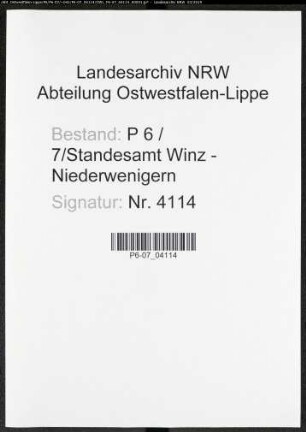 Sterberegister Standesamt Winz - Niederwengern
