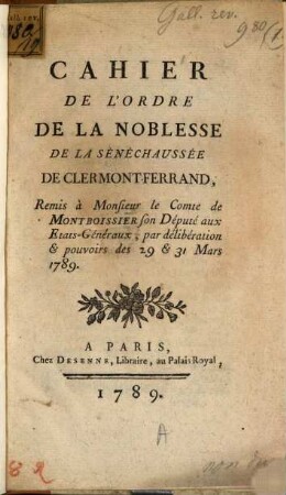 Cahier de l'ordre de la noblesse de Clermont-Ferrand