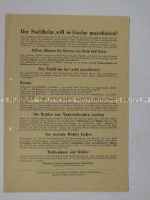 Propagandaflugblatt der "Nationalen Front" mit einem Aufruf zum Prostes gegen das Treffen des "Stahlhelms" in Goslar