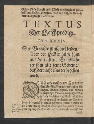 Textus Der Leichpredigt. Psalm XXXIV.