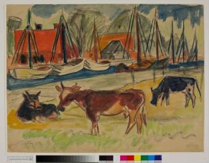 Weidende Kühe vor Fischerbooten auf einem Gewässer vor einem Dorf