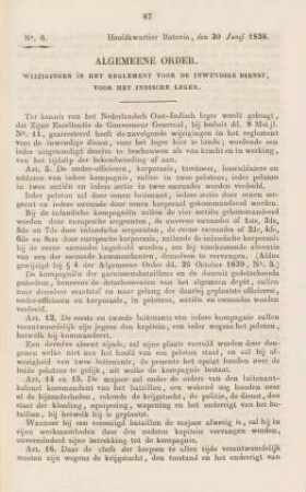 Algemeene order. Wijzigingen in het reglement voor de inwendige dienst, voor het Indische Leger