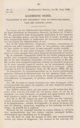 Algemeene order. Wijzigingen in het reglement voor de inwendige dienst, voor het Indische Leger