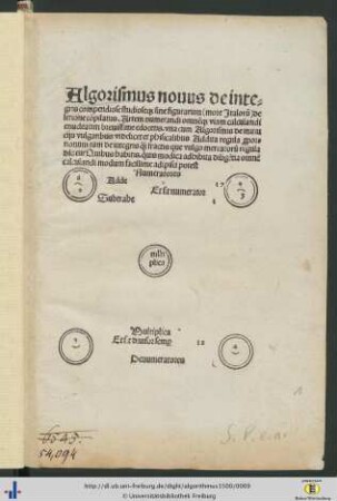 Algorithmus nouus de integris compendiose studioseq[ue] sine figurarum (more Italorū) de lectione cōpilatus
