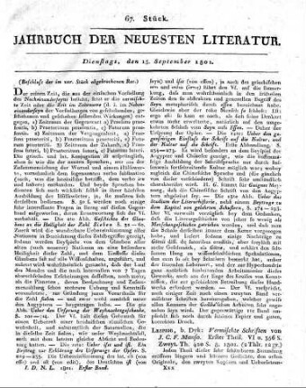 [Fortsetzung:] Berlin, b. Unger: Vermischte Schriften, von D. Friedrich Gedike, Königl. Preuss. Oberkonsistorial- und Oberschulrath und Direktor des Berlinisch-Köllnischen Gymnasiums. Ausser der (2 S. langen) Vorr. 321 S. 8. 1801.
