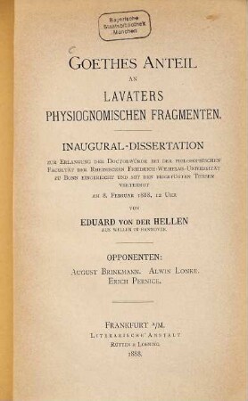 Goethes Anteil an Lavaters physiognomischen Fragmenten