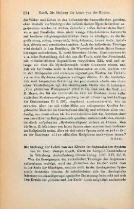374-377 [Rezension] Ranft, Joseph, Die Stellung der Lehre von der Kirche im dogmatischen System