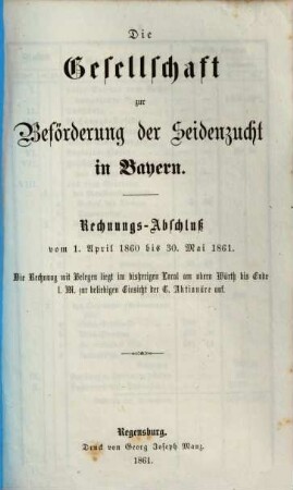 Rechnungs-Abschluß vom 1. April 1860 bis 30. Mai 1861