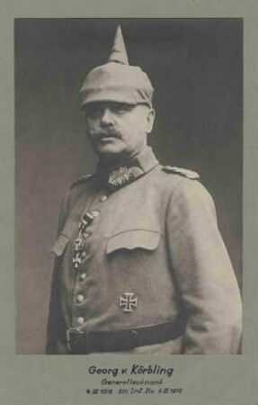 Georg von Körbling, Generalleutnant, Kommandeur der 202. Infanterie-Division 1918 in Uniform, Pickelhaube mit Orden, Brustbild in Halbprofil