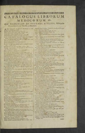Catalogus librorum medicorum etc. Apud Gabrielem de Tournes & Filios