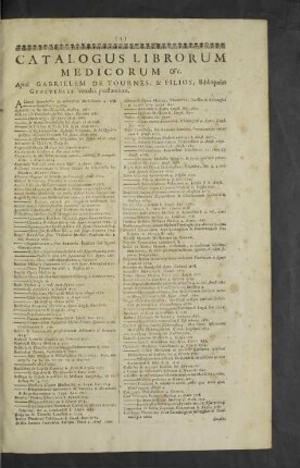 Catalogus librorum medicorum etc. Apud Gabrielem de Tournes & Filios