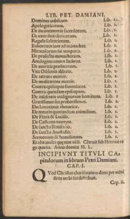 Incipiunt Tituli Capitulorum in librum Petri Damiani.