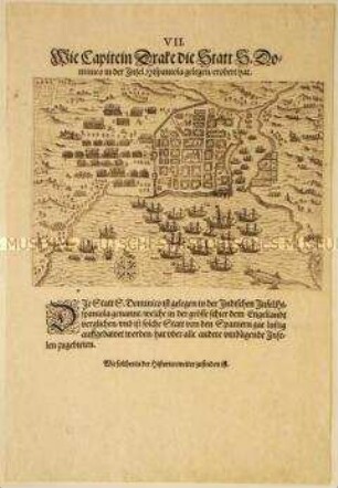 Wie Kapitän Drake die Stadt Santo Domingo eroberte - Tafel 41 aus de Bry, Amerika II