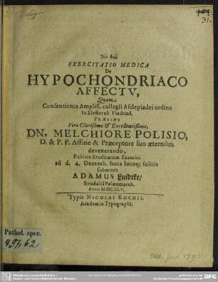 Exercitatio de hypochondriaco affectu