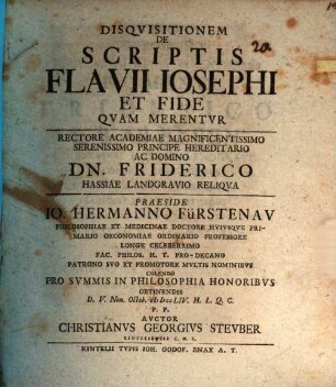 Disquisitionem de scriptis Flavii Iosephi, et fide quam merentur