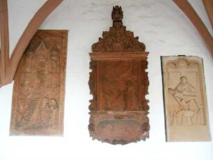 Stiftskirche-Langhaus im Nordnordwesten-Epitaphien (mit figürlichen Darstellungen in Hochrelief oder Halbplastik) am Langhaus in Übersicht
