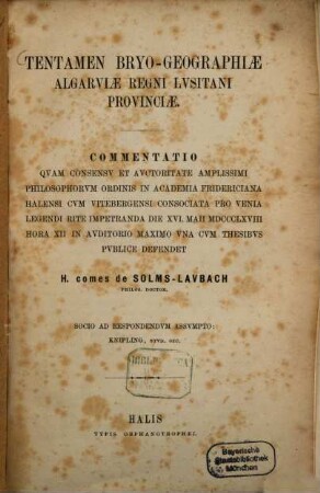 Tentamen Bryo-geographiae Algarviae regni Lusitani provinciae : commentatio