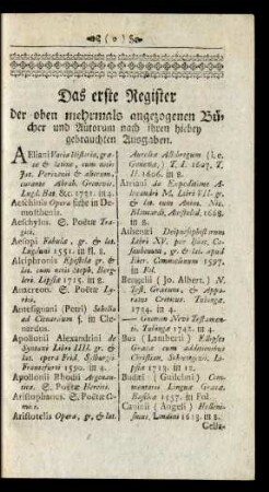 Das erste Register der oben mehrmals angezogenen Bücher und Autorum nach ihren hiebey gebrauchten Ausgaben